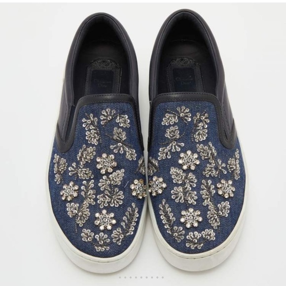 Dior Blue/Black Denim and Leather Happy Crystals Slip On Sneakers 36 1/2 - Picture 8 of 12